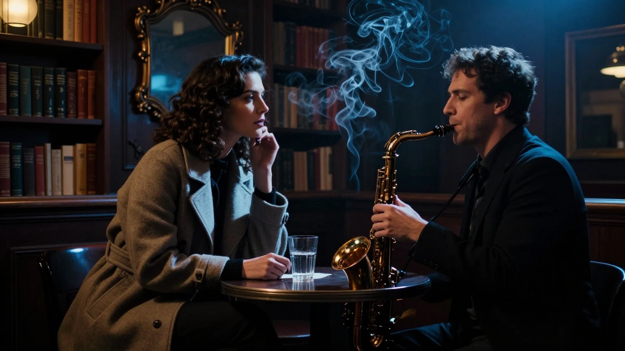 A woman listens intently in a dim jazz bar, smoke curling softly around her as music lingers in the air.